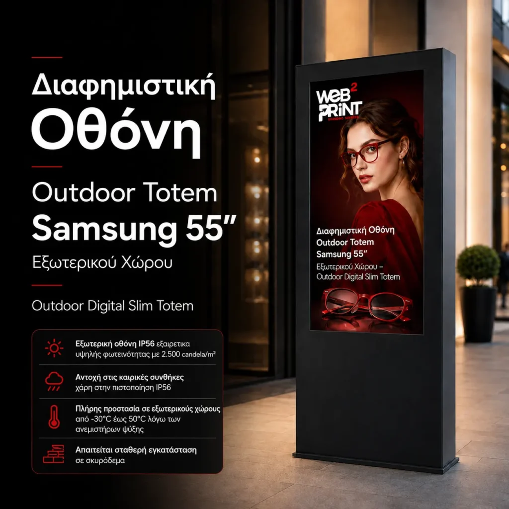 Διαφημιστική Οθόνη Outdoor Totem Samsung 55″ Εξωτερικού Χώρου – Outdoor Digital Slim Totem